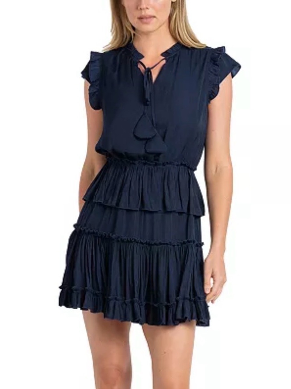 NWT Sam Edelman Mini Ruffled Tie Neck Tiered dress Navy XS